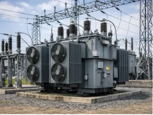 Pad-mounted transformer stepping LV (0.48–0.69 kV) up to MV (15–35 kV) for PV interconnection.