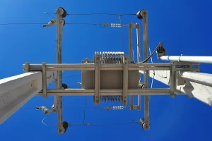 Utility transformer and mounting structure viewed from below
